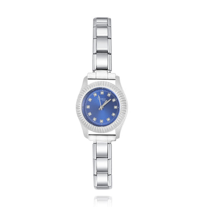 Modern Fluted Bezel Round Watch with Crystal Markers — Luxe Italian Charm Watch Bracelet