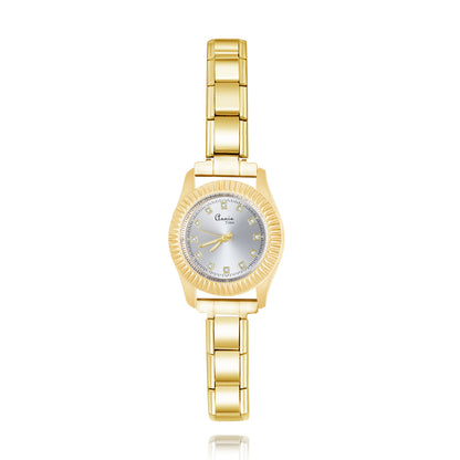 Modern Fluted Bezel Round Watch with Crystal Markers — Luxe Italian Charm Watch Bracelet