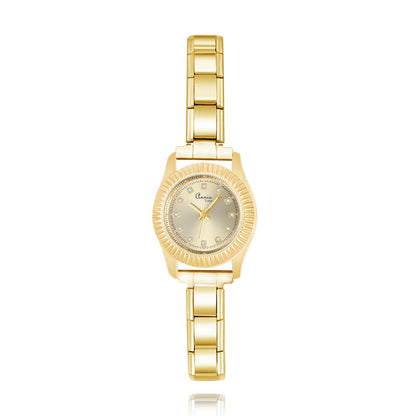 Modern Fluted Bezel Round Watch with Crystal Markers — Luxe Italian Charm Watch Bracelet