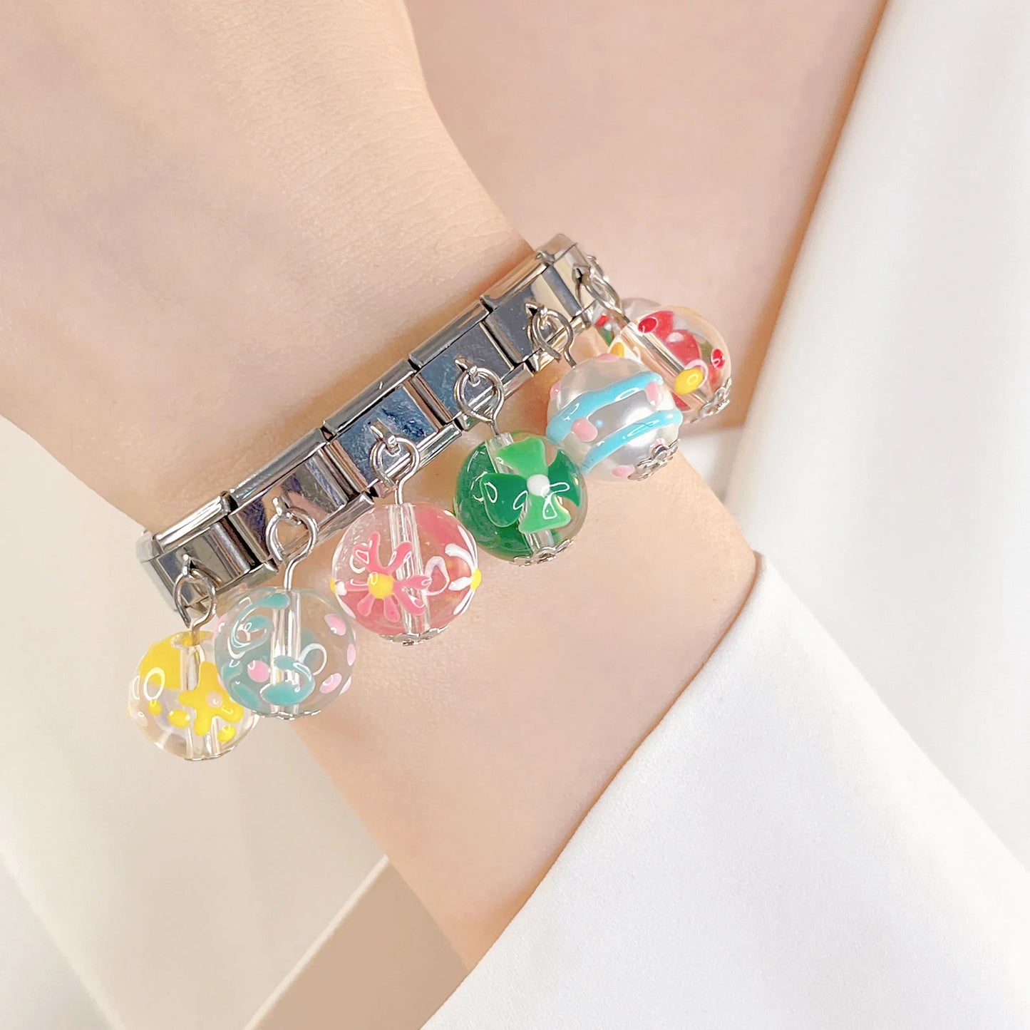 The Painted Glass Bead Dangle Charm in Silver