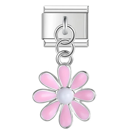 The Mustache, Leaf & Daisy Flower Dangle Charm in Silver