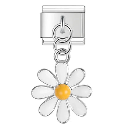 The Mustache, Leaf & Daisy Flower Dangle Charm in Silver