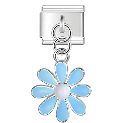 The Mustache, Leaf & Daisy Flower Dangle Charm in Silver
