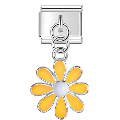 The Mustache, Leaf & Daisy Flower Dangle Charm in Silver