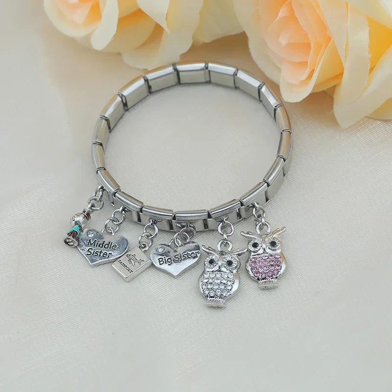 Heart Sister Owl Shiny silver charms