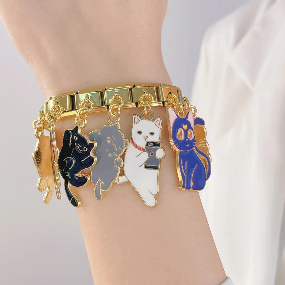 golden cute cat dangle charms