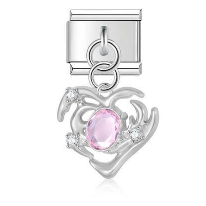 Romantic Heart Crystal Dangle Italian Charms — Gemstone & Moonstone Heart Drop Pendant Links