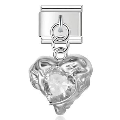 Romantic Heart Crystal Dangle Italian Charms — Gemstone & Moonstone Heart Drop Pendant Links