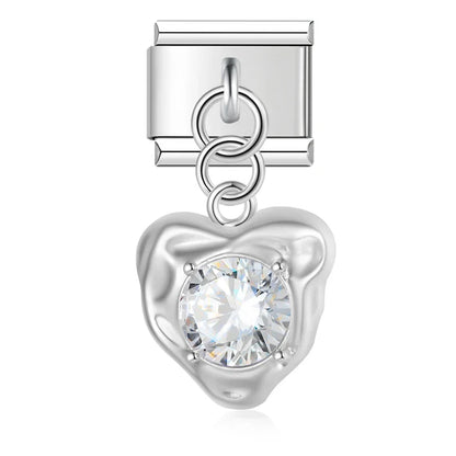 Romantic Heart Crystal Dangle Italian Charms — Gemstone & Moonstone Heart Drop Pendant Links