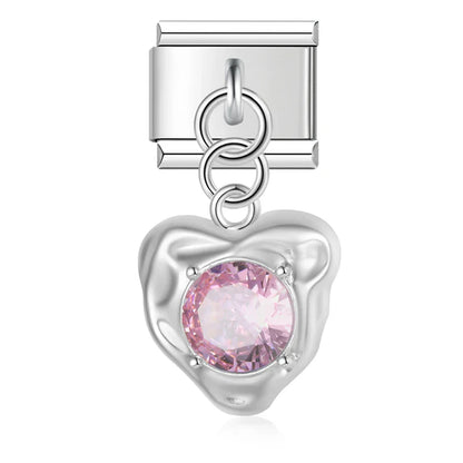 Romantic Heart Crystal Dangle Italian Charms — Gemstone & Moonstone Heart Drop Pendant Links