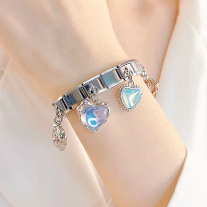 Romantic Heart Crystal Dangle Italian Charms — Gemstone & Moonstone Heart Drop Pendant Links