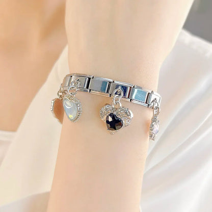 Romantic Heart Crystal Dangle Italian Charms — Gemstone & Moonstone Heart Drop Pendant Links