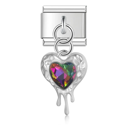 Romantic Heart Crystal Dangle Italian Charms — Gemstone & Moonstone Heart Drop Pendant Links