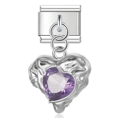 Romantic Heart Crystal Dangle Italian Charms — Gemstone & Moonstone Heart Drop Pendant Links