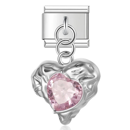 Romantic Heart Crystal Dangle Italian Charms — Gemstone & Moonstone Heart Drop Pendant Links