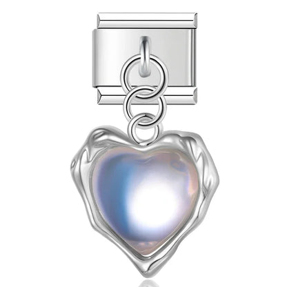 Romantic Heart Crystal Dangle Italian Charms — Gemstone & Moonstone Heart Drop Pendant Links