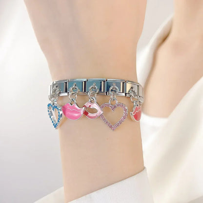 Romantic Heart & Lip Dangle Italian Charms — Silver & Gold CZ Heart and Lip Dangle Links