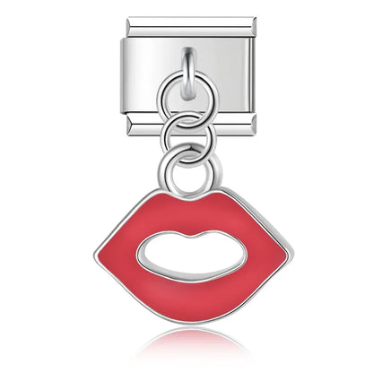 Romantic Heart & Lip Dangle Italian Charms — Silver & Gold CZ Heart and Lip Dangle Links