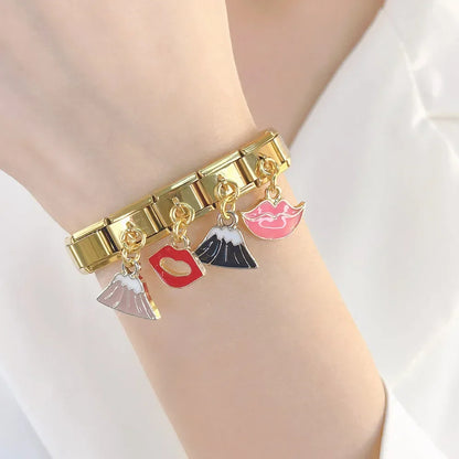 Romantic Heart & Lip Dangle Italian Charms — Silver & Gold CZ Heart and Lip Dangle Links