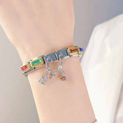 Rainbow, Safety Pin & Wine Bottle CZ Dangle Italian Charms