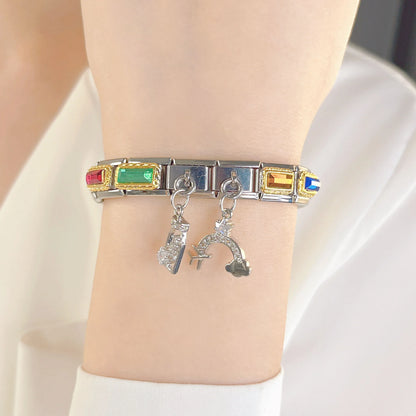 Rainbow, Safety Pin & Wine Bottle CZ Dangle Italian Charms