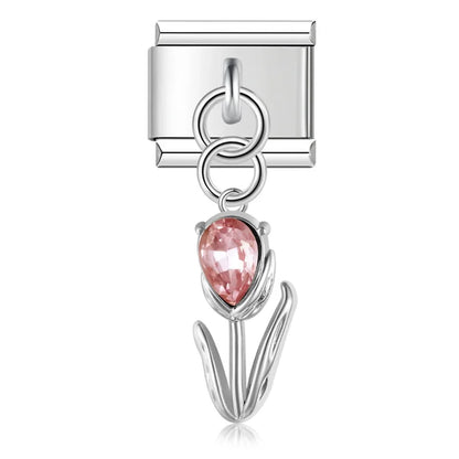 Elegant Crystal Tulip Dangle Italian Charms — Champagne, Purple, Clear & Pink CZ Tulip Dangle Links
