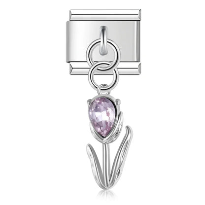 Elegant Crystal Tulip Dangle Italian Charms — Champagne, Purple, Clear & Pink CZ Tulip Dangle Links