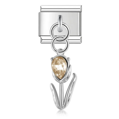 Elegant Crystal Tulip Dangle Italian Charms — Champagne, Purple, Clear & Pink CZ Tulip Dangle Links