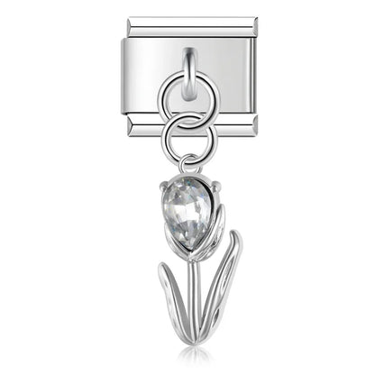 Elegant Crystal Tulip Dangle Italian Charms — Champagne, Purple, Clear & Pink CZ Tulip Dangle Links