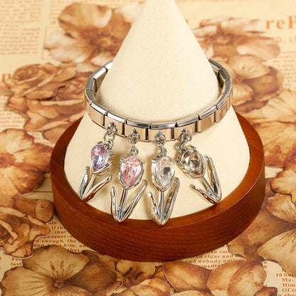 Elegant Crystal Tulip Dangle Italian Charms — Champagne, Purple, Clear & Pink CZ Tulip Dangle Links