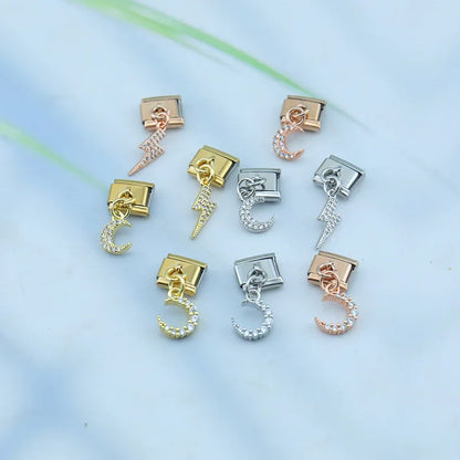 Lightning Bolt & Moon Crystal Dangle Italian Charms — CZ Pavé Drop Pendant Links
