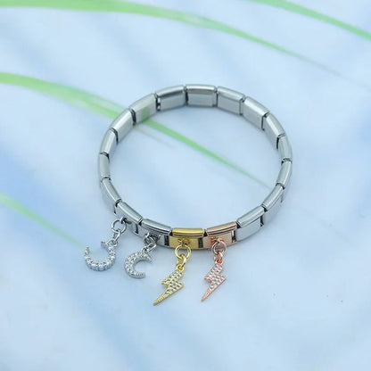 Lightning Bolt & Moon Crystal Dangle Italian Charms — CZ Pavé Drop Pendant Links