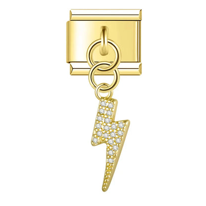 Lightning Bolt & Moon Crystal Dangle Italian Charms — CZ Pavé Drop Pendant Links