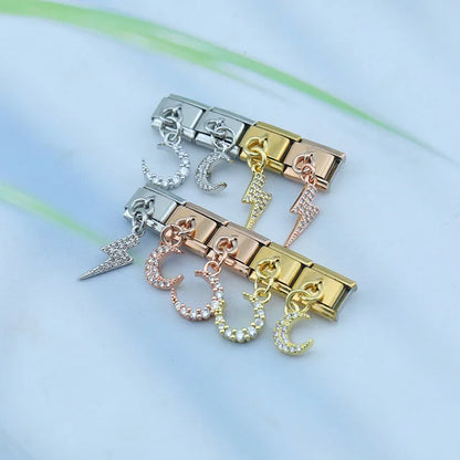 Lightning Bolt & Moon Crystal Dangle Italian Charms — CZ Pavé Drop Pendant Links