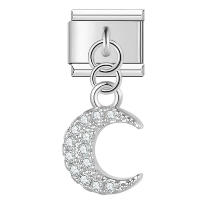 Lightning Bolt & Moon Crystal Dangle Italian Charms — CZ Pavé Drop Pendant Links