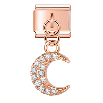 Lightning Bolt & Moon Crystal Dangle Italian Charms — CZ Pavé Drop Pendant Links