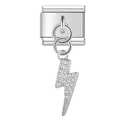 Lightning Bolt & Moon Crystal Dangle Italian Charms — CZ Pavé Drop Pendant Links