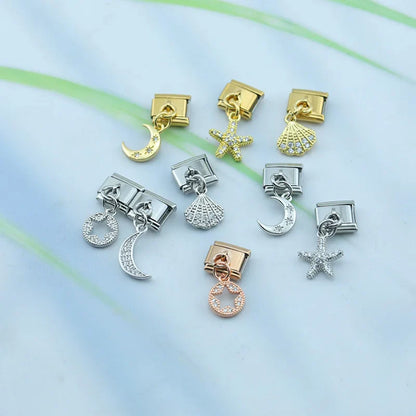 Moon, Star & Shell CZ Dangle Italian Charms (Gold & Silver)
