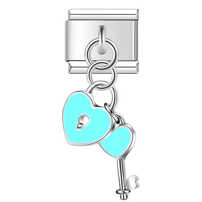 Romantic Heart Key & Lock Dangle Charm in Silver
