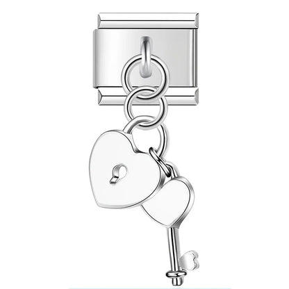 Romantic Heart Key & Lock Dangle Charm in Silver