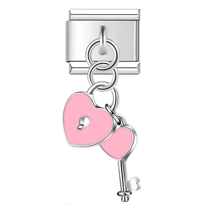 Romantic Heart Key & Lock Dangle Charm in Silver