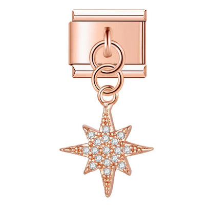 The Shiny Rose Gold Flower, Bowknot, Crown & Moon Dangle Charm