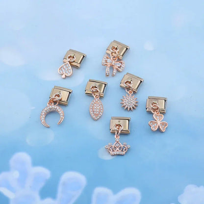 The Shiny Rose Gold Flower, Bowknot, Crown & Moon Dangle Charm