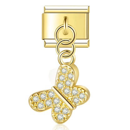 Crystal Butterfly & Prowling Panther Dangle Charm in Silver & Gold