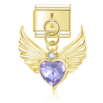 Winged Crystal & Coquette Bow Dangle Italian Charms in Gold — Angel Wing Heart & Resin Bow Dangle Links