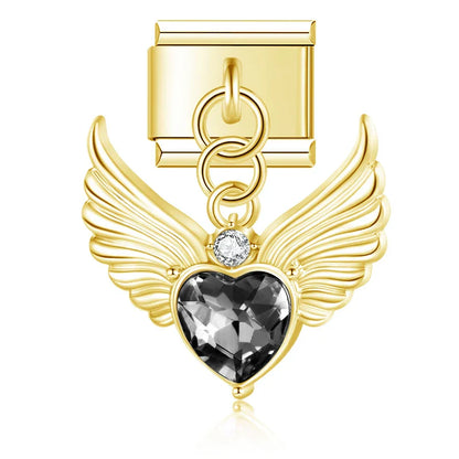 Winged Crystal & Coquette Bow Dangle Italian Charms in Gold — Angel Wing Heart & Resin Bow Dangle Links
