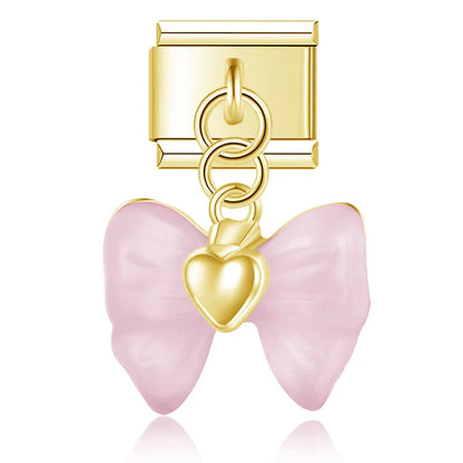 Winged Crystal & Coquette Bow Dangle Italian Charms in Gold — Angel Wing Heart & Resin Bow Dangle Links