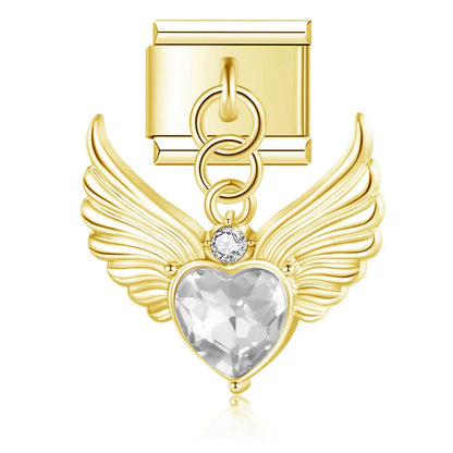 Winged Crystal & Coquette Bow Dangle Italian Charms in Gold — Angel Wing Heart & Resin Bow Dangle Links