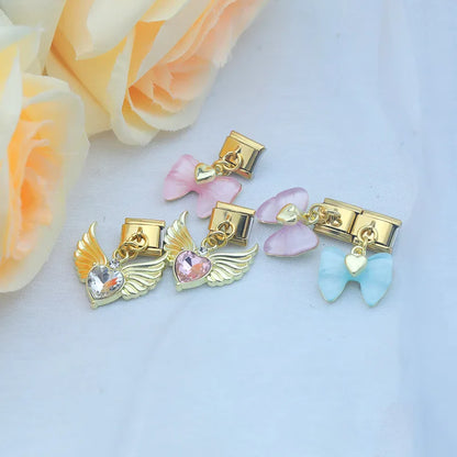 Winged Crystal & Coquette Bow Dangle Italian Charms in Gold — Angel Wing Heart & Resin Bow Dangle Links