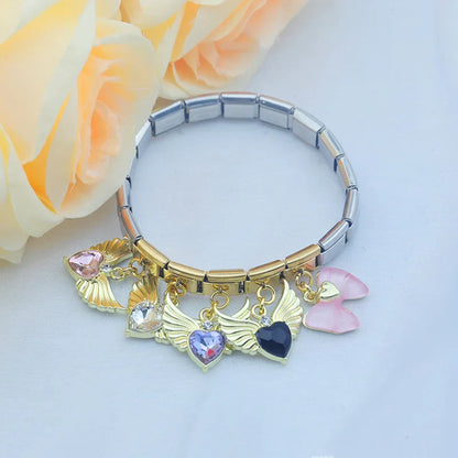 Winged Crystal & Coquette Bow Dangle Italian Charms in Gold — Angel Wing Heart & Resin Bow Dangle Links